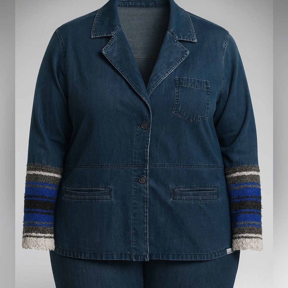 Denim Jacket with saddle blanket sleeves.